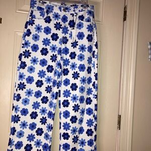 Rue21 Blue Floral Pants L High Rise Wide Leg NWT Flaw